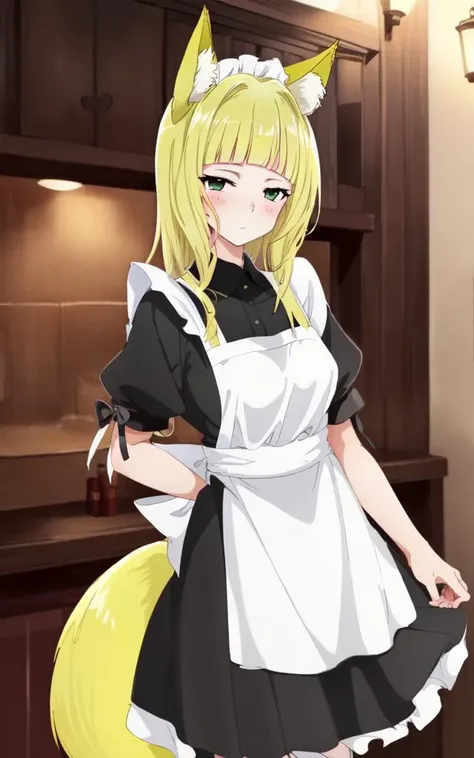 haruhime <lora:haruhime:0.8:IO> 1girl, blond hair fox_ears huge fox tail long hair blunt_bangs shiny hair, green_eyes sleepy eyes, eyeliner blush medium breasts skindantation choker :> , (((black long skirt black long_maid white waist apron frilled white b...