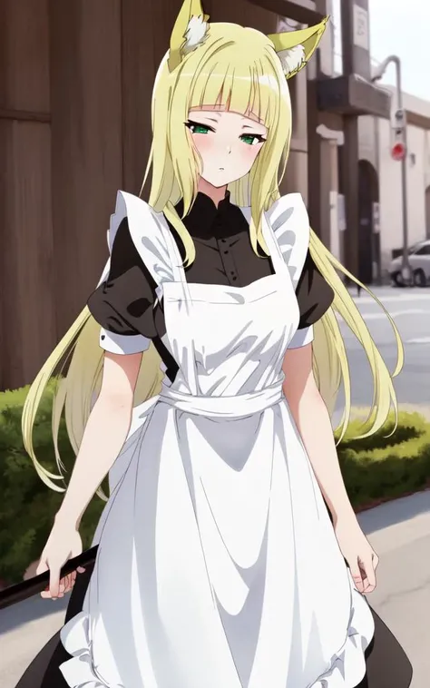 haruhime <lora:haruhime:0.7:NP> 1girl, blond hair fox_ears huge fox tail long hair blunt_bangs shiny hair, green_eyes sleepy eyes, eyeliner blush medium breasts skindantation choker :> , (((black long skirt black long_maid white waist apron frilled white b...