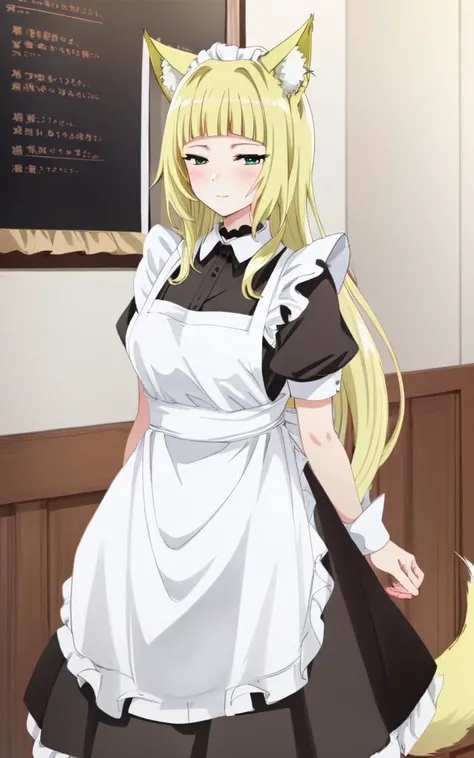 haruhime <lora:haruhime:0.7:NP> 1girl, blond hair fox_ears huge fox tail long hair blunt_bangs shiny hair, green_eyes sleepy eyes, eyeliner blush medium breasts skindantation choker smile , (((black long skirt black long_maid white waist apron frilled whit...