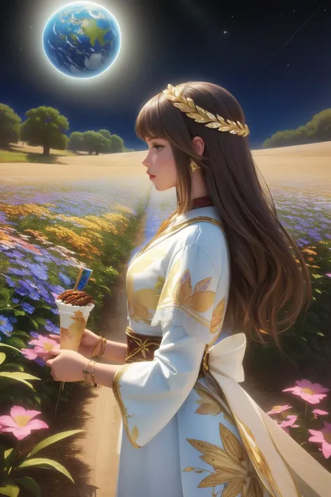 a woman in a dress holding a flower in front of a field