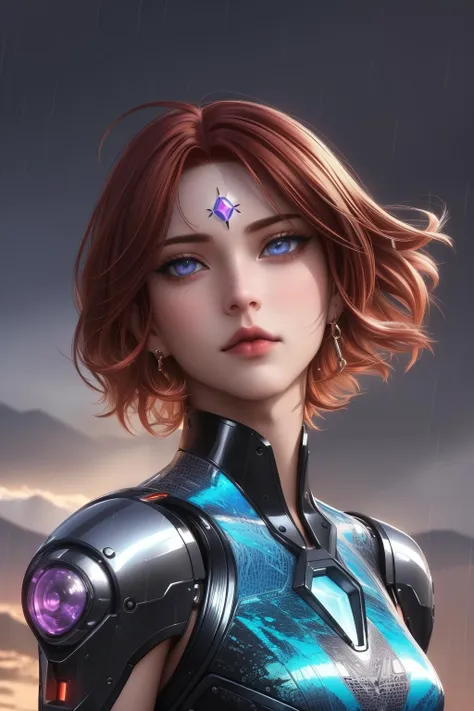 a woman in a futuristic outfit with a blue star on her forehead