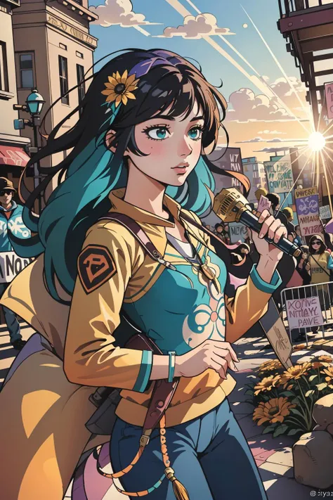 1girl, [ (dark art stylized by Ashley Wood:0.9) and (Ray Donley:1.0) and (Rob Liefeld:1.2) ::16], comics art, epic Concept art, Realism, highly detailed, two shot angle of a Marigold, Teal and Beige ("The Occupy Wall Street Protests":1.3) , it is very Flat...