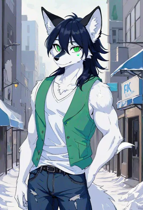 anime character with green eyes and a green vest standing in the snow