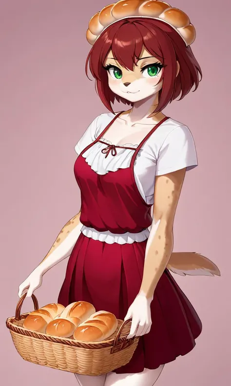 anthro, basket, bread, clothing, container, female, food, green eyes, solo, aoizuri, 2020, hi res