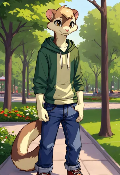 score_9, score_8_up, score_7_up, score_6_up, score_5_up
Male, 20 years old, twink, slim, thin, furry, anthro, furry character, one male, ferret, furry ferret, beige fur, jean pants, casual shirt, hood, park background, portrait format