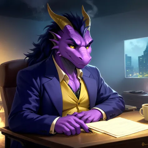 solo, male, businessman, (male anthro dragon:1.3), (purple body:1.1), yellow belly, (sitting:1.3), (kemono:1.4), (on desk:1.23), (open shirt), (sad:1.3), exhausted ,detailed eyes, dragon tail, horn, (bust portrait), (detailed eyes), (indoors:1.35), office,...