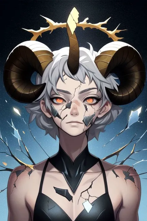 Angel, (((small black horns))), red halo above head, black scelara eyes, large silver wings, body focus, high detail, horns, genderless, androgynous, R4mh0rns, portrait, curled horns, sheep horns, glowing cracks, cracked skin, shattered skin, fractured ski...