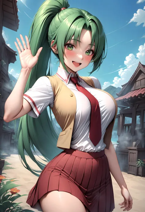 anime girl with green hair and a red skirt posing for a picture