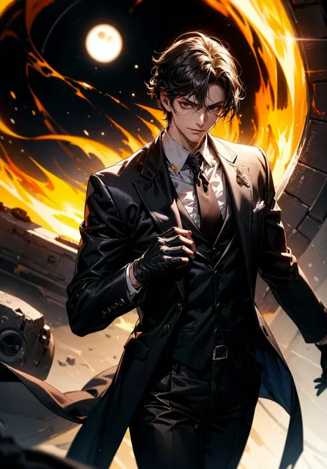 tall pale man, dark aura around, flying objects around, smirk, looking at the viewer, telekinesis, kurofuku, necktie, male focus, black suit, black pants, cowboy shot, black gloves, r1ge, black eyes, black hole-eyes,