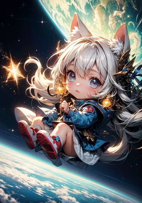 official art, unity 8k wallpaper, ultra detailed, High quality, beautiful, masterpiece, best quality, a fluffy cat floating in space, cute, chibi cat, nebula, sparkle