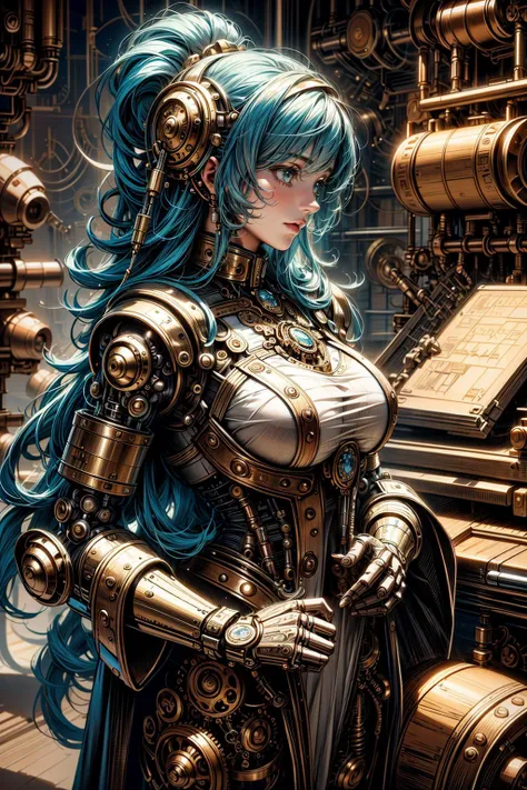 a woman with blue hair and a steam - powered costume stands in front of a machine