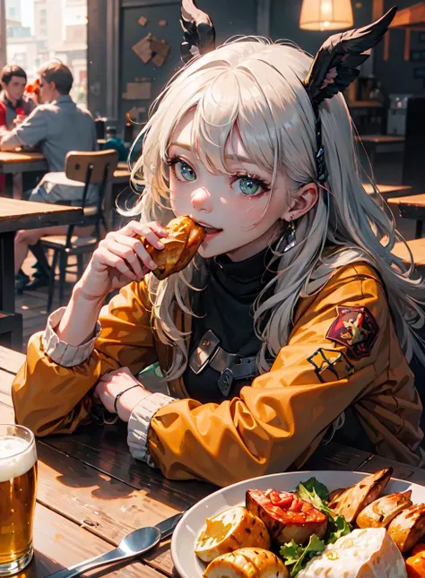 anime girl eating a piece of food at a restaurant with a beer