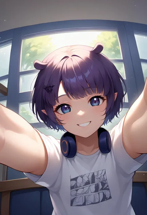 anime girl with headphones on raising her arms in front of a window