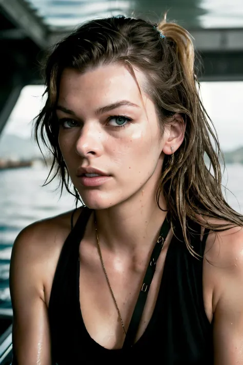 RAW, real photo portrait, millaJov1, on a boat, (wearing a wet black t-shirt), pretty face, insanely detailed eyes, light blonde hair, high ponytail, bokeh, natural light, depth of field, golden hour, sharp focus