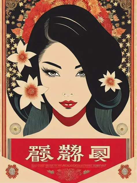 <lora:ShepardFairey:1>a poster of a woman with long hair and flowers in her hair, in an oriental style by Shepard Fairey