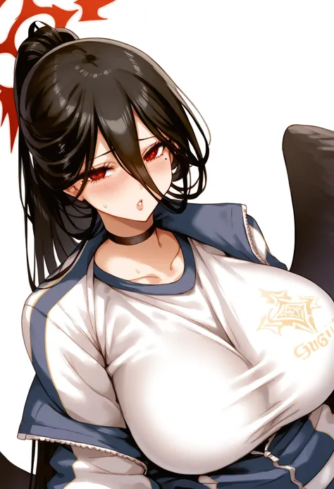 anime girl with black hair and white shirt sitting on a chair