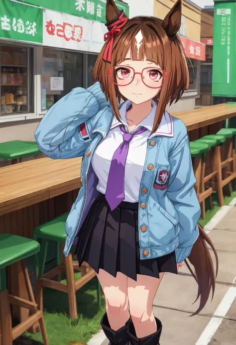 anime girl in a school uniform standing in front of a restaurant