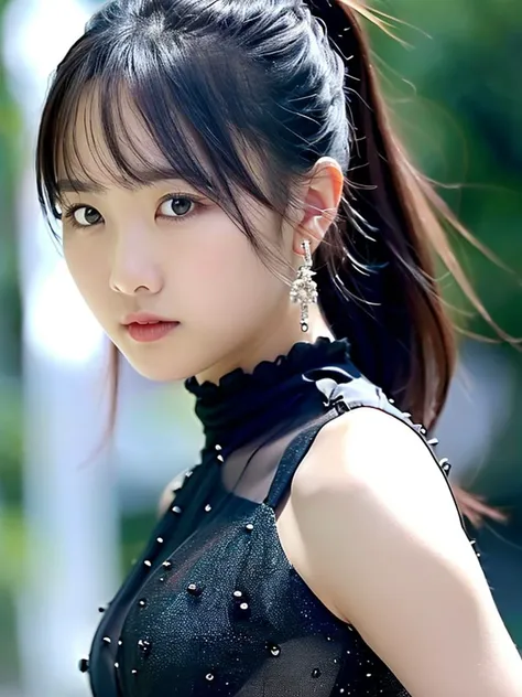 a close up of a woman with a ponytail in a black dress