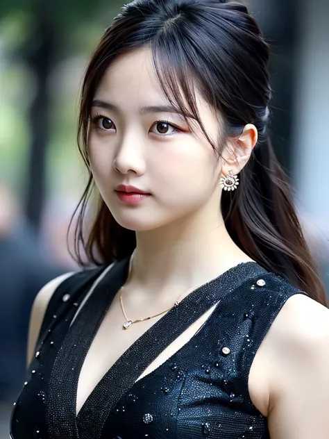 a close up of a woman in a black dress with a necklace