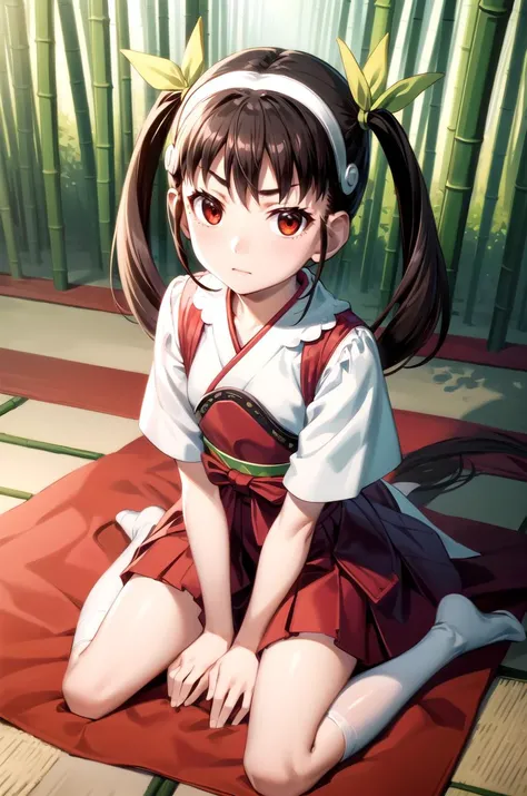 (masterpiece, best quality, detailed), 1girl, solo, hachikuji01, long hair, brown hair, red eyes, flat chest, twintails, hair ribbon, white hairband, 
(samurai), japanese armor, kusazuri, sode, kote, sheath, japanese clothes, hakama, outdoors, bamboo fores...