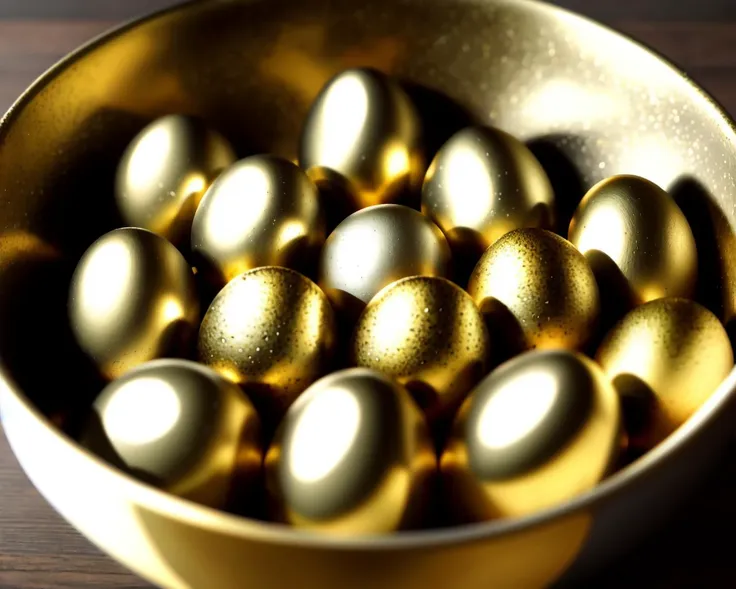 there are many golden eggs in a bowl on a table