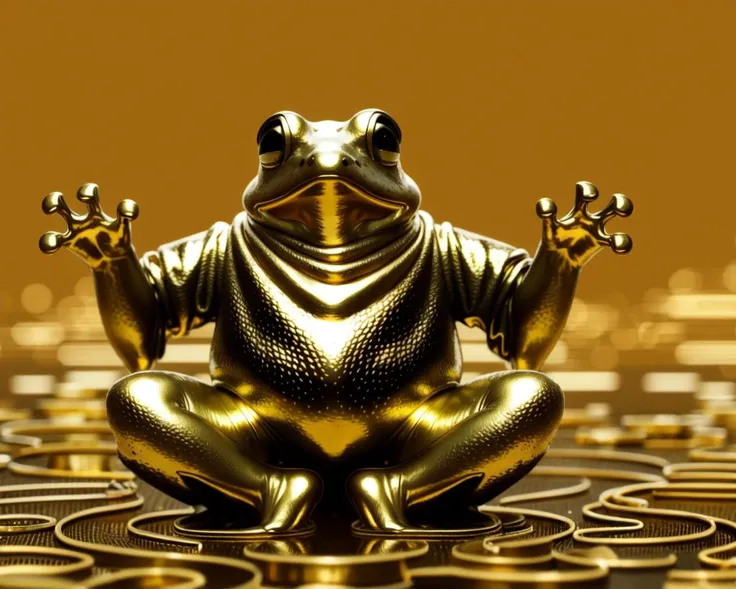 there is a gold frog statue sitting on a pile of coins