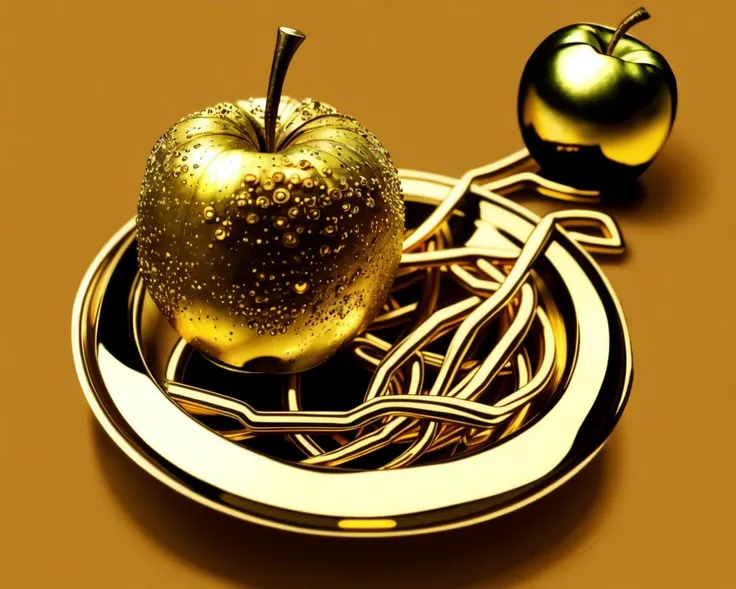 there is a golden apple on a plate with a fork and spoon