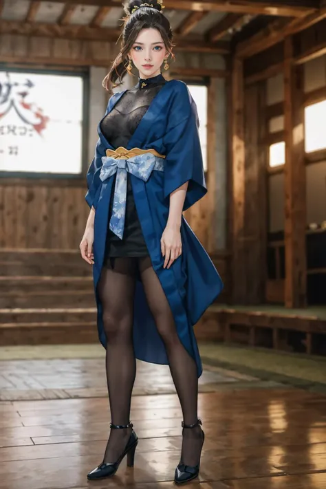 a woman in a blue kimono is posing for a picture