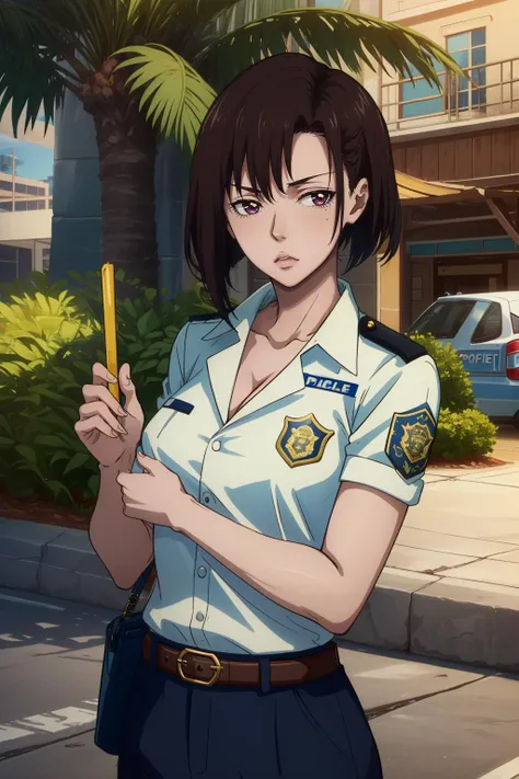 a woman in uniform holding a pencil and a pencil in her hand