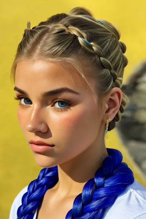 photo of <lora:sd15_AriKytsya_locon_24_v1:.9> AriKytsya blonde hair, focus on eyes, close up on face, wearing jewelry, lapis color hair styled as Straight Fishtail Braid Bun,