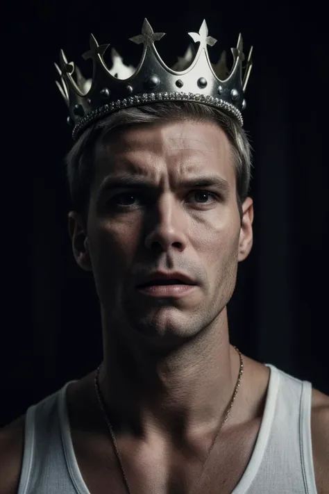 a close up of a man wearing a crown on his head