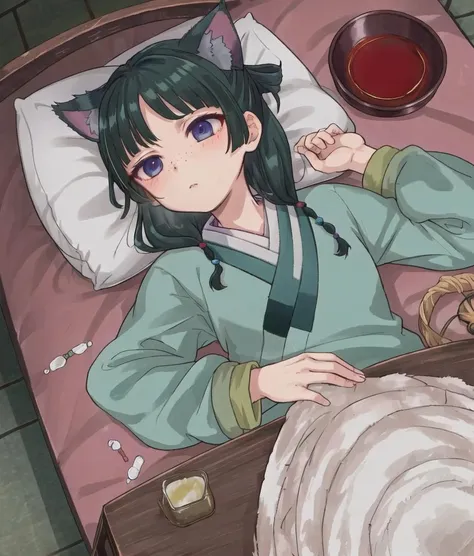 anime girl laying in bed with a cat on her head