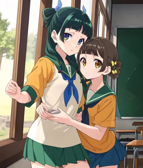 anime image of two girls hugging in a classroom