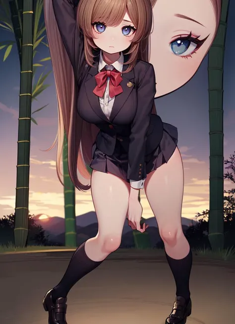 ((best quality)), ((highly detailed)), absurdres, extremely detailed face, beautiful face, (detailed eyes, deep eyes), <lora:more_details:.2>, (1girl), full body, ((blazer)), <lora:hairdetailer:.9>, schoolgirl, (outdoors, at a bamboo forest, sunset), <lora...