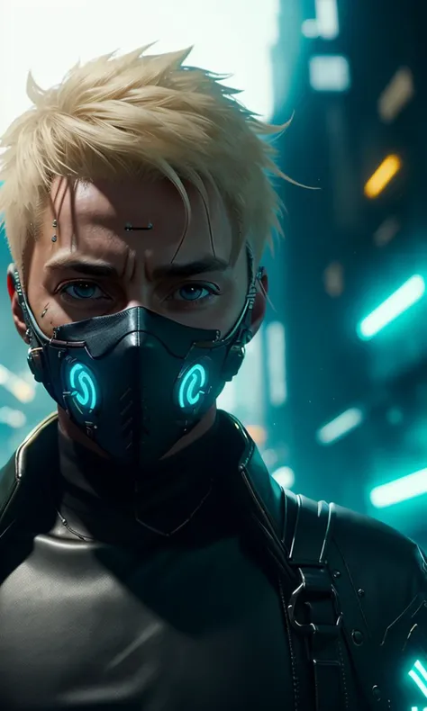 cybermask2023, 1boy, male focus, perspective photo, 8k, uhd, masterpiece, cinematic lighting, vibrant colors, photorealistic, detailed art, skull mask, Russian man, blonde hair, 40-year-old man, slick back hair, hugh jackman