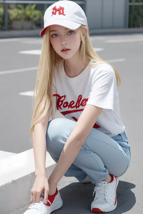 a woman in a white baseball cap and blue jeans crouches down