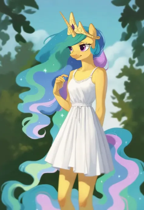 source_pony, rating_safe, girl, <lora:simpson_xl_pony:1> simpson style, solo, anthro, princess celestia, sundress, score_9, score_8_up, score_7_up, score_6_up, score_5_up, score_4_up