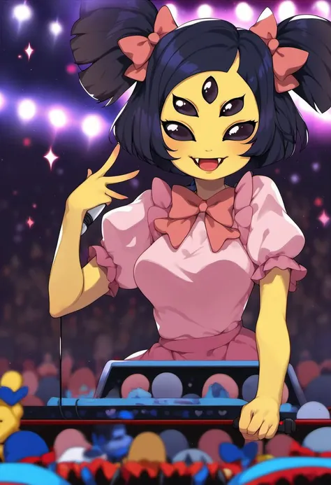 source_cartoon, rating_safe, girl, <lora:simpson_xl_pony:1> simpson style, solo, Muffet from Undertale, 1girl, solo, holding microphone, dress, heart, looking at viewer, breasts, smile, two side up, idol, open mouth, short sleeves, upper body, hair ornamen...