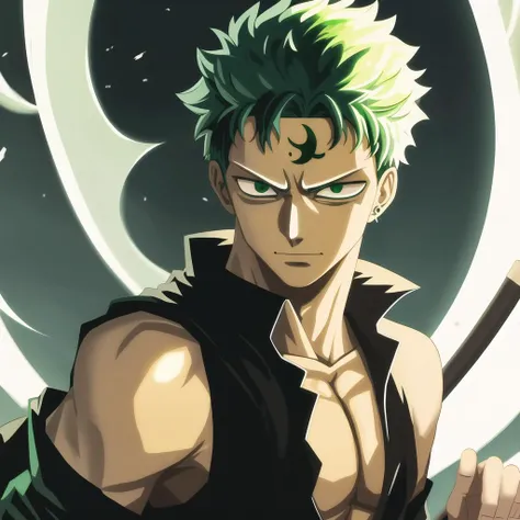 Roronoa_Zoro, One_Piece, short hair, green hair, absurdres, aura, masterpiece, best quality <lora:sonGokuDragonBallZSuper_v10:0.5> halloween