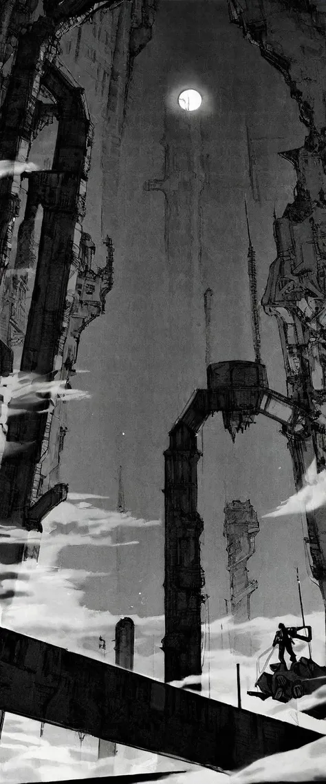 TNstyle, manga, monochrome, (megastructure), from below, concrete walls, pipes, frames, cables, deep, chaotic, dome, giant room, huge, heavy equipment, deep, fog, giant room, weird, colossal structure, labyrinthine dungeon, deep darkness, shadows, mecha, b...