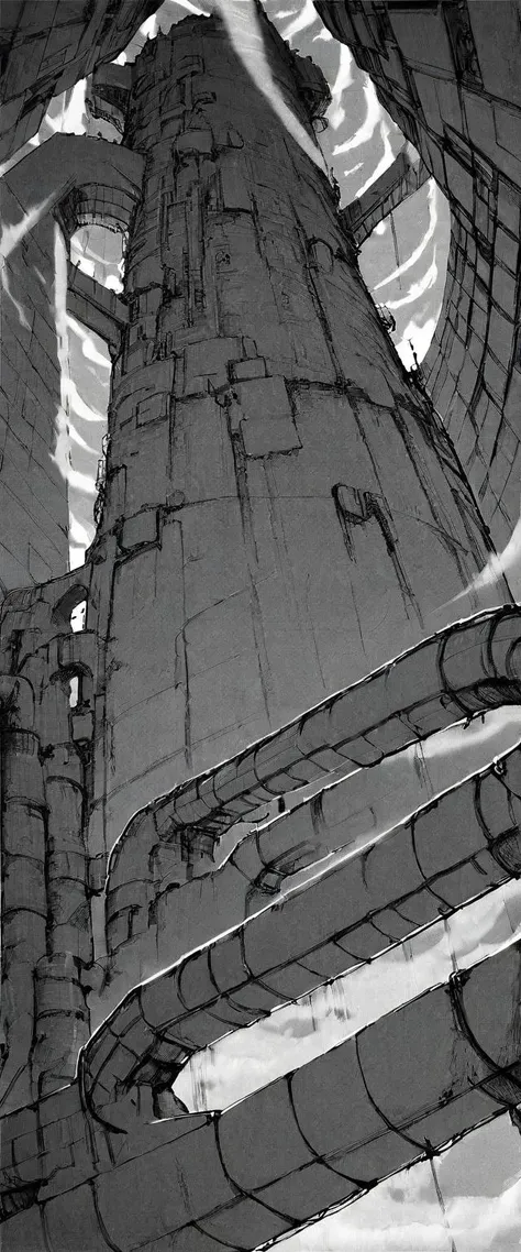 TNstyle, manga, monochrome, (megastructure), from below, concrete walls, pipes, frames, cables, deep, chaotic, dome, giant room, huge, heavy equipment, deep, fog, giant room, weird, colossal structure, labyrinthine dungeon, deep darkness, shadows, mecha, b...