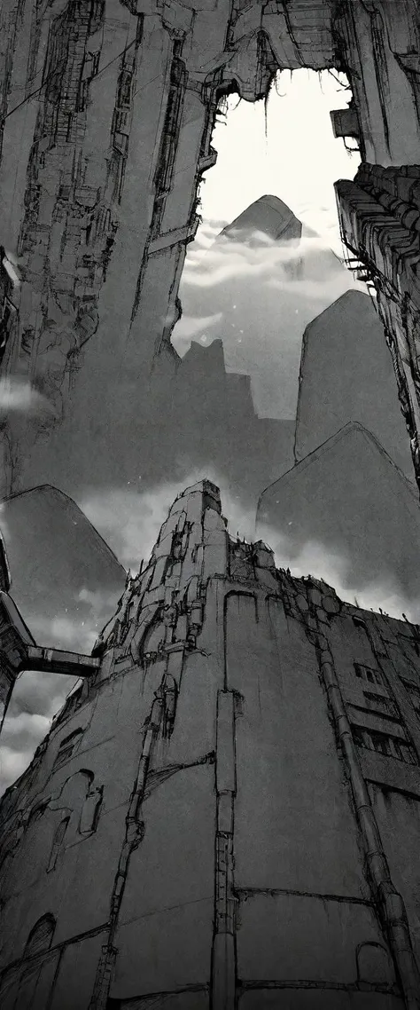 TNstyle, manga, monochrome, (megastructure), from below, concrete walls, pipes, frames, cables, deep, chaotic, dome, giant room, huge, heavy equipment, deep, fog, giant room, weird, colossal structure, labyrinthine dungeon, deep darkness, shadows, mecha, b...