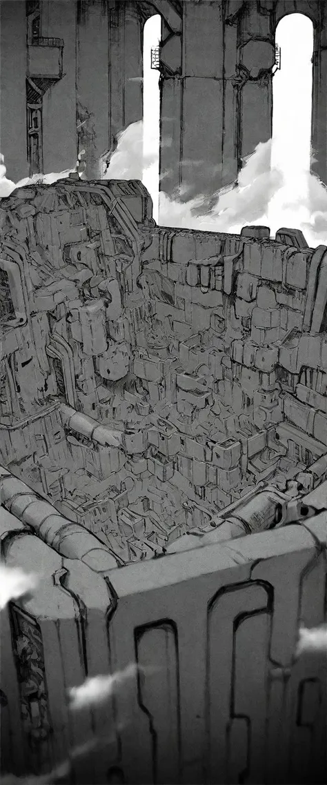 TNstyle, manga, monochrome, (megastructure), from above, concrete walls, pipes, frames, cables, deep, chaotic, dome, giant room, huge, heavy equipment, deep, fog, giant room, weird, colossal structure, labyrinthine dungeon, deep darkness, shadows, mecha, b...