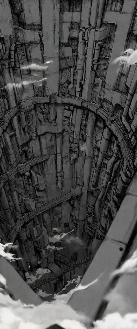 TNstyle, manga, monochrome, (megastructure), from above, concrete walls, pipes, frames, cables, deep, chaotic, dome, giant room, huge, heavy equipment, deep, fog, giant room, weird, colossal structure, labyrinthine dungeon, deep darkness, shadows, mecha, b...