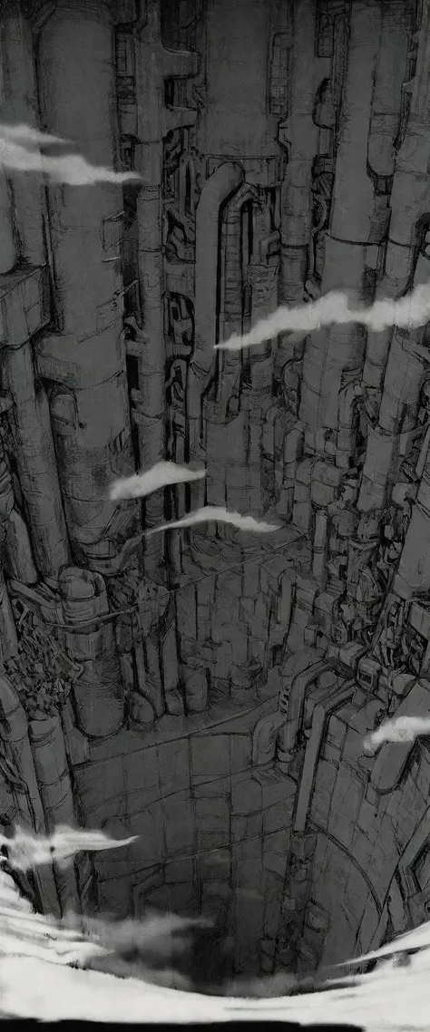 TNstyle, manga, monochrome, (megastructure), from above, concrete walls, pipes, frames, cables, deep, chaotic, dome, giant room, huge, heavy equipment, deep, fog, giant room, weird, colossal structure, labyrinthine dungeon, deep darkness, shadows, mecha, b...