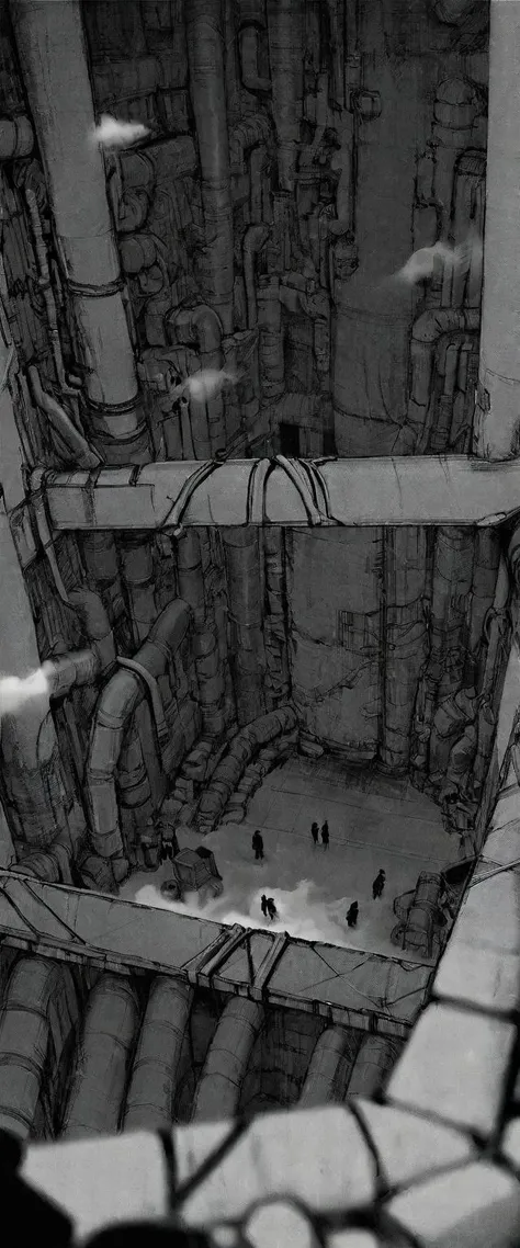 TNstyle, manga, monochrome, (megastructure), from above, concrete walls, pipes, frames, cables, deep, chaotic, dome, giant room, huge, heavy equipment, deep, fog, giant room, weird, colossal structure, labyrinthine dungeon, deep darkness, shadows, mecha, b...