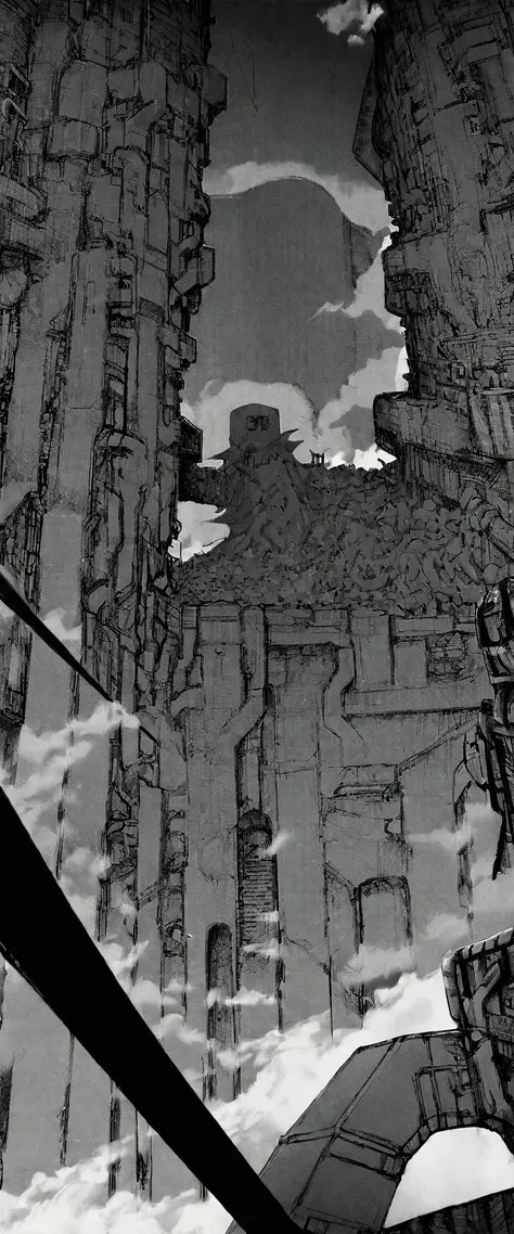 TNstyle, manga, monochrome, (megastructure), from below, concrete walls, pipes, frames, cables, deep, chaotic, dome, giant room, huge, heavy equipment, deep, fog, giant room, weird, colossal structure, labyrinthine dungeon, deep darkness, shadows, mecha, b...