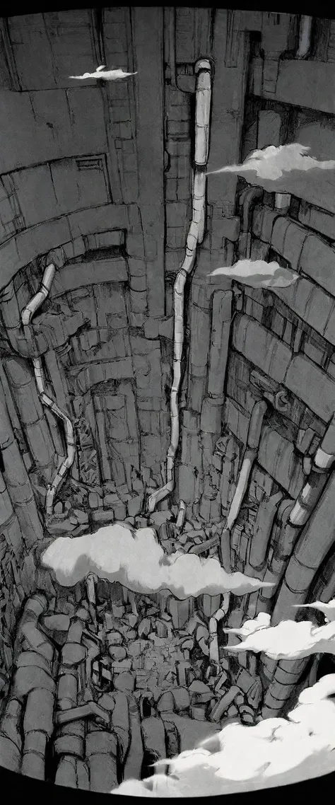 TNstyle, manga, monochrome, (megastructure), from above, concrete walls, pipes, frames, cables, deep, chaotic, dome, giant room, huge, heavy equipment, deep, fog, giant room, weird, colossal structure, labyrinthine dungeon, deep darkness, shadows, mecha, b...