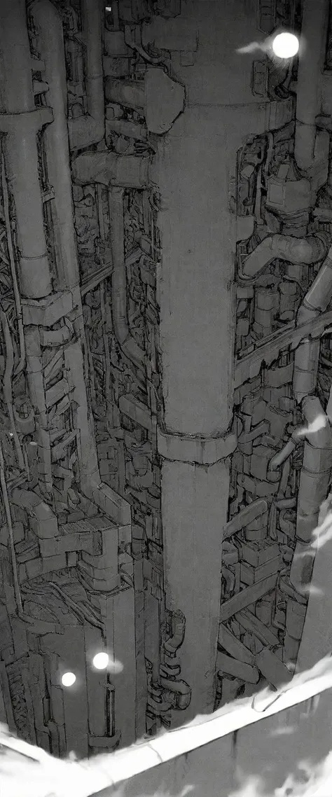 TNstyle, manga, monochrome, (megastructure), from above, concrete walls, pipes, frames, cables, deep, chaotic, dome, giant room, huge, heavy equipment, deep, fog, giant room, weird, colossal structure, labyrinthine dungeon, deep darkness, shadows, mecha, b...