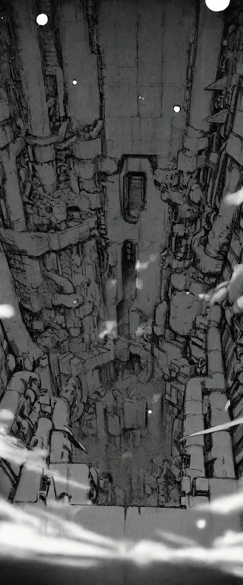 TNstyle, manga, monochrome, (megastructure), from above, concrete walls, pipes, frames, cables, deep, chaotic, dome, giant room, huge, heavy equipment, deep, fog, giant room, weird, colossal structure, labyrinthine dungeon, deep darkness, shadows, mecha, b...